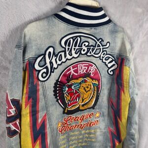 Vintage Stall & Dean 8th DistrictTiger Embroidered Denim Varsity Jacket Mens M